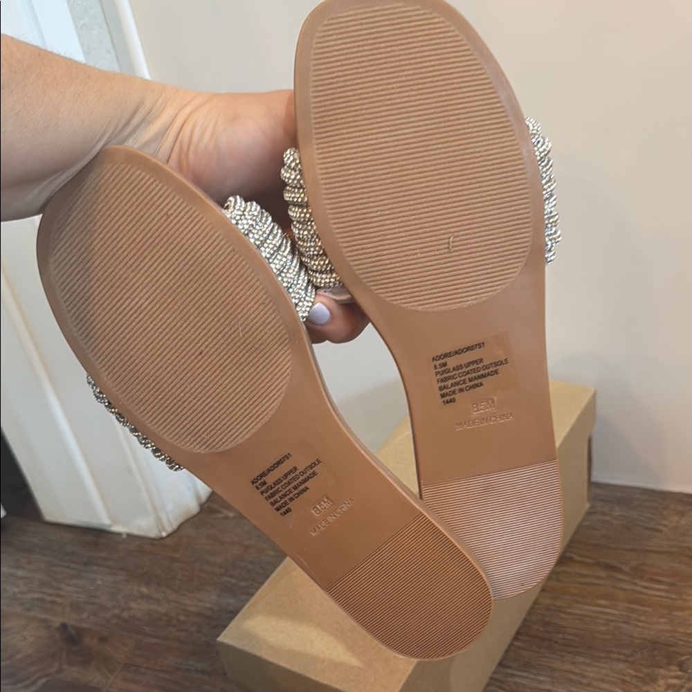 Steve Madden Adore Silver Braided Crystal Slide Sandals - Tan Footbed - Picture 4 of 7